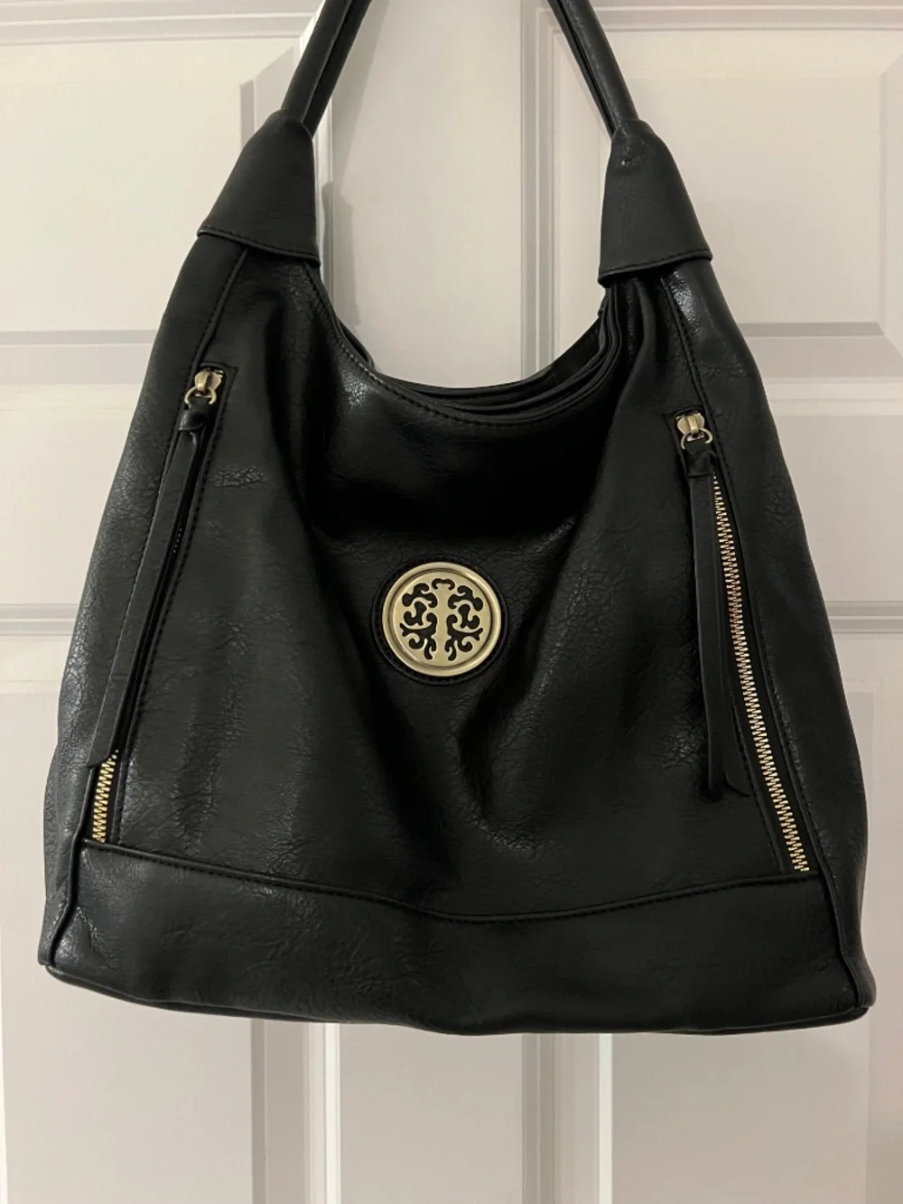 Dasein Black Vegan Leather Hobo Shoulder Bag Gold Hardware Excellent Condition